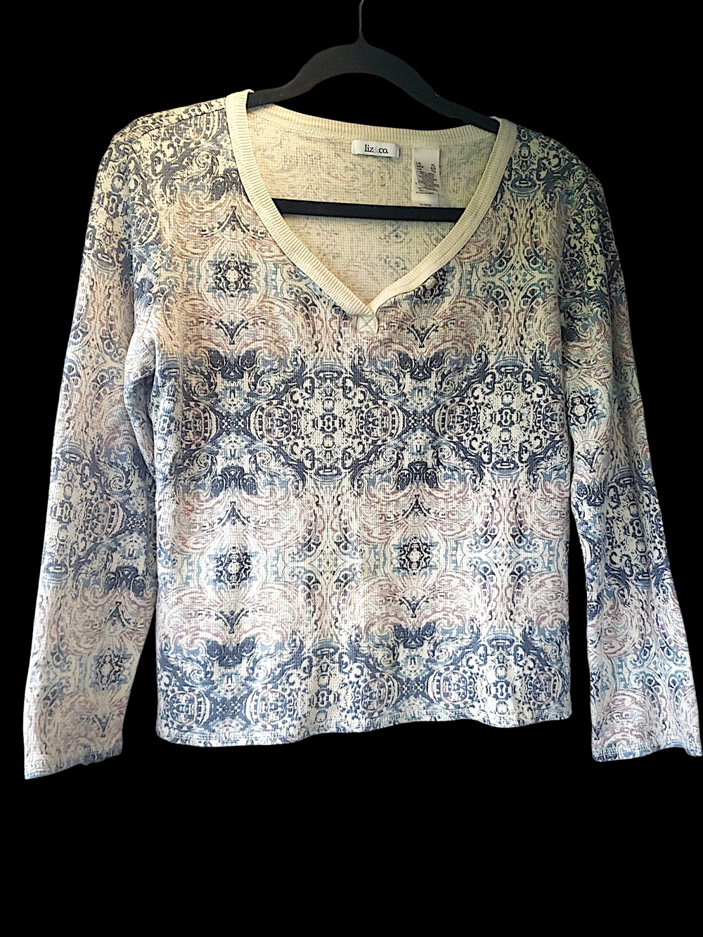 Liz & Co. 100% Cotton Sz XL Patterned VNeck Long Sleeve Top Boho Sacred Geometry
